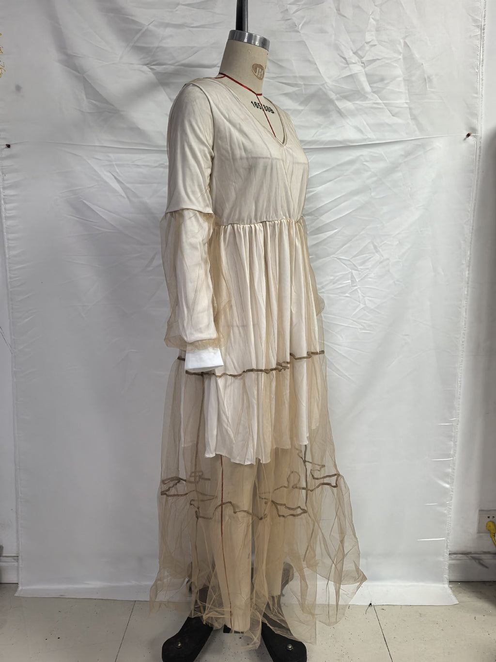 2025 Cross-Border Xia Xin Foreign Trade Amazon European and American Fashion Deep V-Neck Puff Sleeve Mesh See-Through Dress Long Skirt