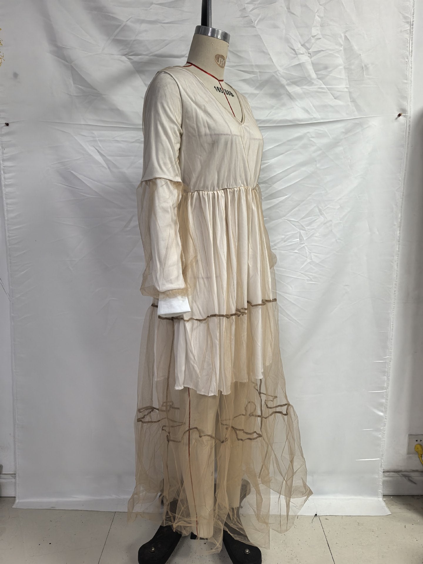 2025 Cross-Border Xia Xin Foreign Trade Amazon European and American Fashion Deep V-Neck Puff Sleeve Mesh See-Through Dress Long Skirt