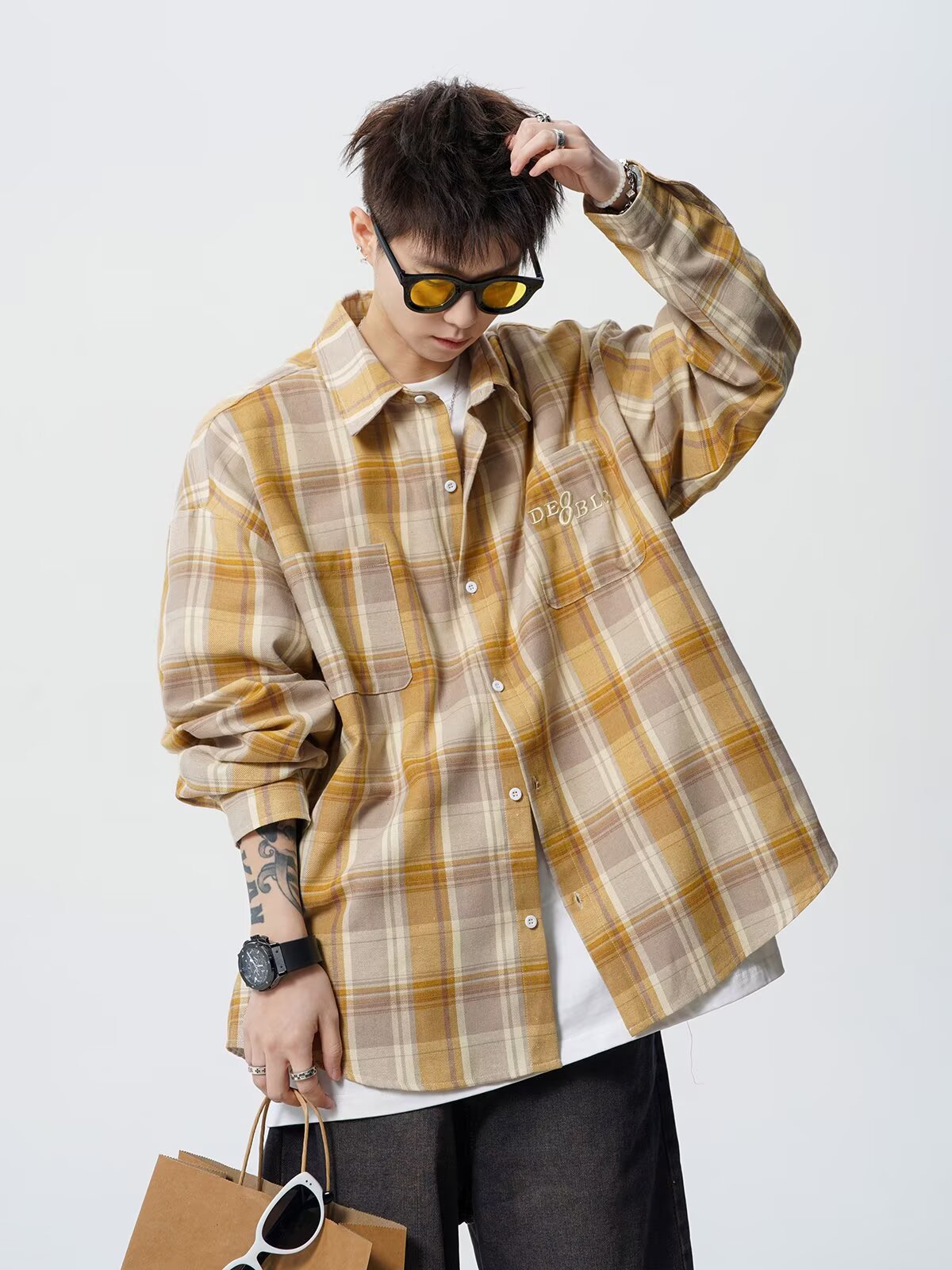 Spring and Autum Cotton Large Size Men's Long-Sleeved Plaid Shirt Men's Trendy American Retro Loose Casual Shirt Jacket