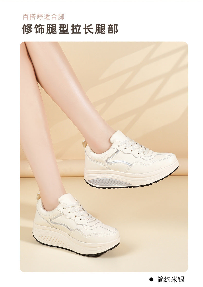 Genuine Leather Casual Sports Shoes, Thick-Soled Rocking Shoes, Height-Increasing Shoes, Sports Shoes, Cross-Border Mom Shoes, Spring and Autumn New Commuter Shoes
