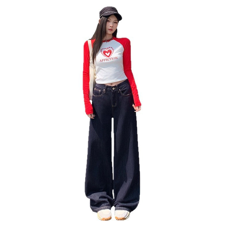 Dark Blue American High-Waisted Wide-Leg Jeans for Women in Autumn and Winter New Style Loose and Slim Straight-Leg Versatile Jeans