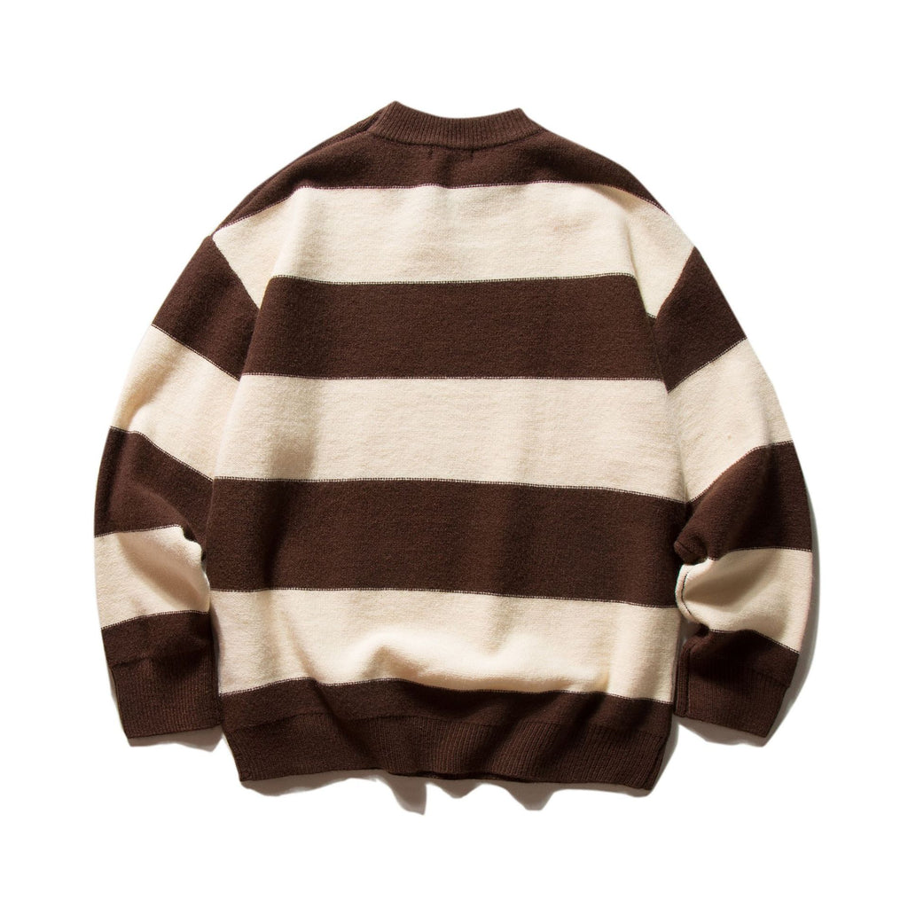 Mr. Song's Cross-Border Japanese Style Trendy Thick Striped Pullover Crew Neck Sweater Retro Color-Blocking Couple Knitwear for Men and Women