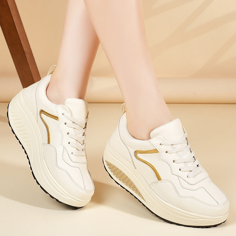 Genuine Leather Casual Sports Shoes, Thick-Soled Rocking Shoes, Height-Increasing Shoes, Sports Shoes, Cross-Border Mom Shoes, Spring and Autumn New Commuter Shoes