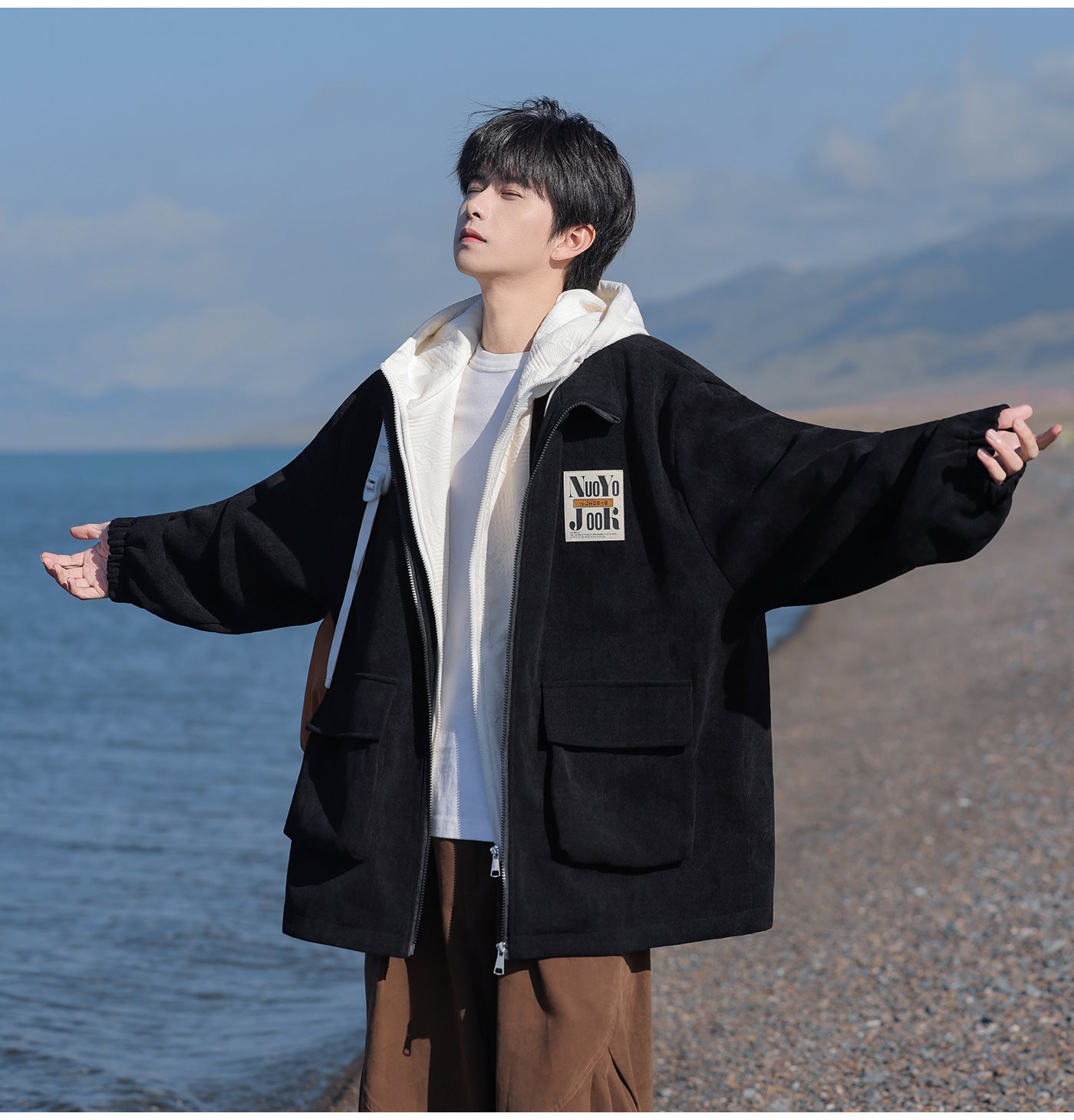 2025 Autumn New Large Size Men's Jackets Fashion Loose Hooded Fake Two-Piece Jackets Trendy Label Tops for Men