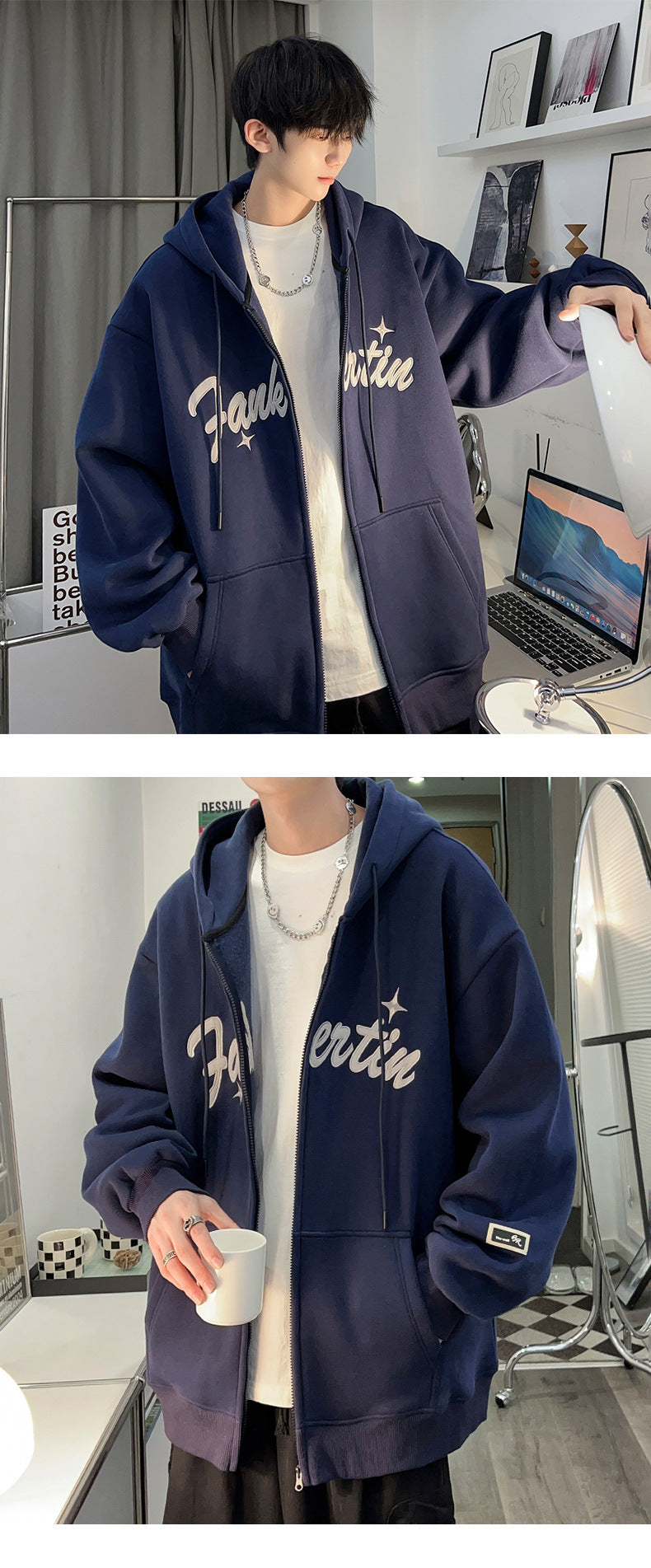 Plus Size Spring and Autumn New Heavy Hooded Cardigan Sweatshirt with Letter Embroidery, Oversized Casual Men's Jacket