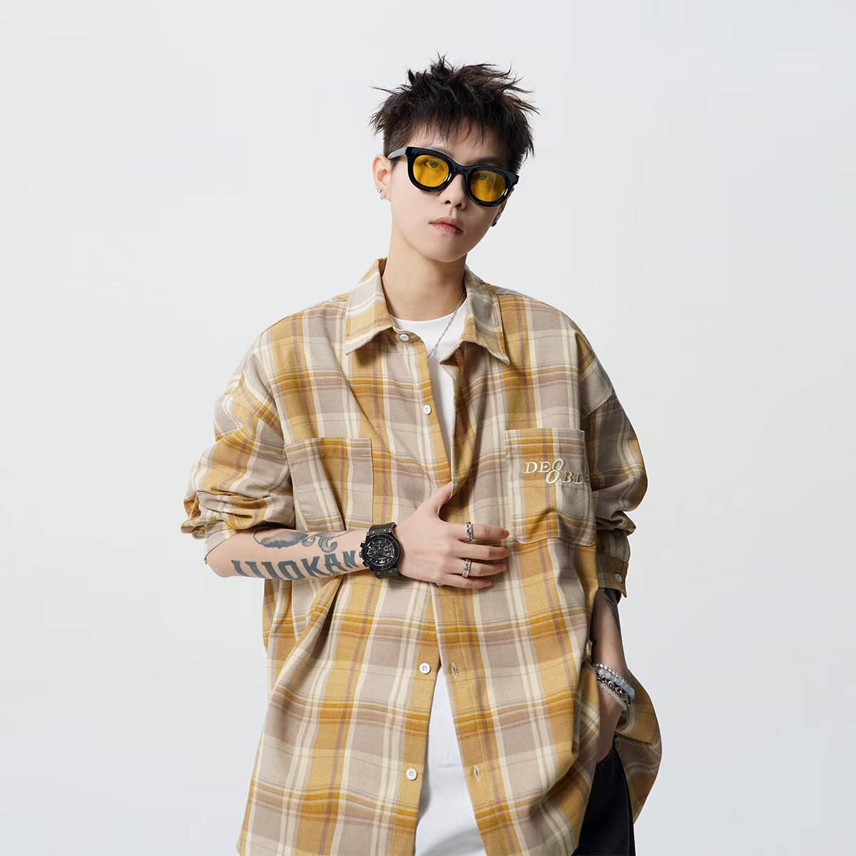Spring and Autum Cotton Large Size Men's Long-Sleeved Plaid Shirt Men's Trendy American Retro Loose Casual Shirt Jacket