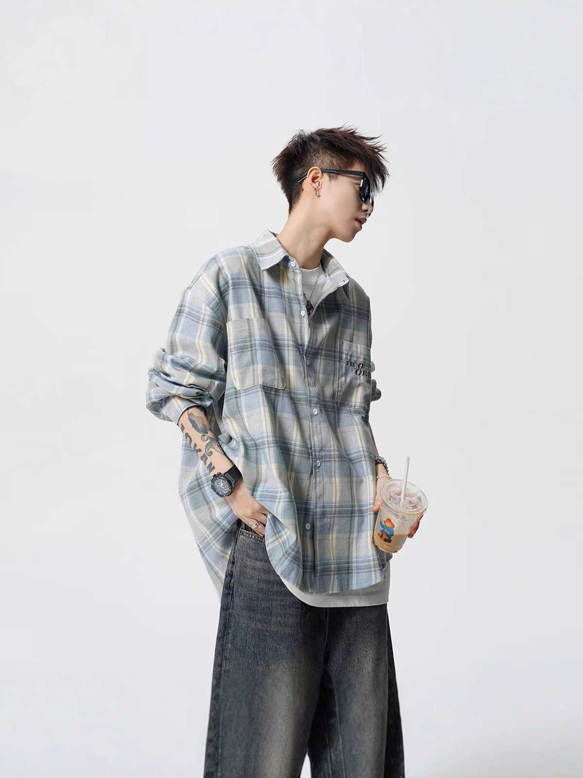 Spring and Autum Cotton Large Size Men's Long-Sleeved Plaid Shirt Men's Trendy American Retro Loose Casual Shirt Jacket