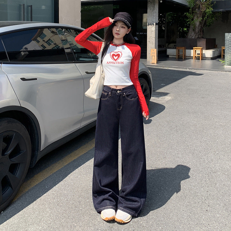 Dark Blue American High-Waisted Wide-Leg Jeans for Women in Autumn and Winter New Style Loose and Slim Straight-Leg Versatile Jeans