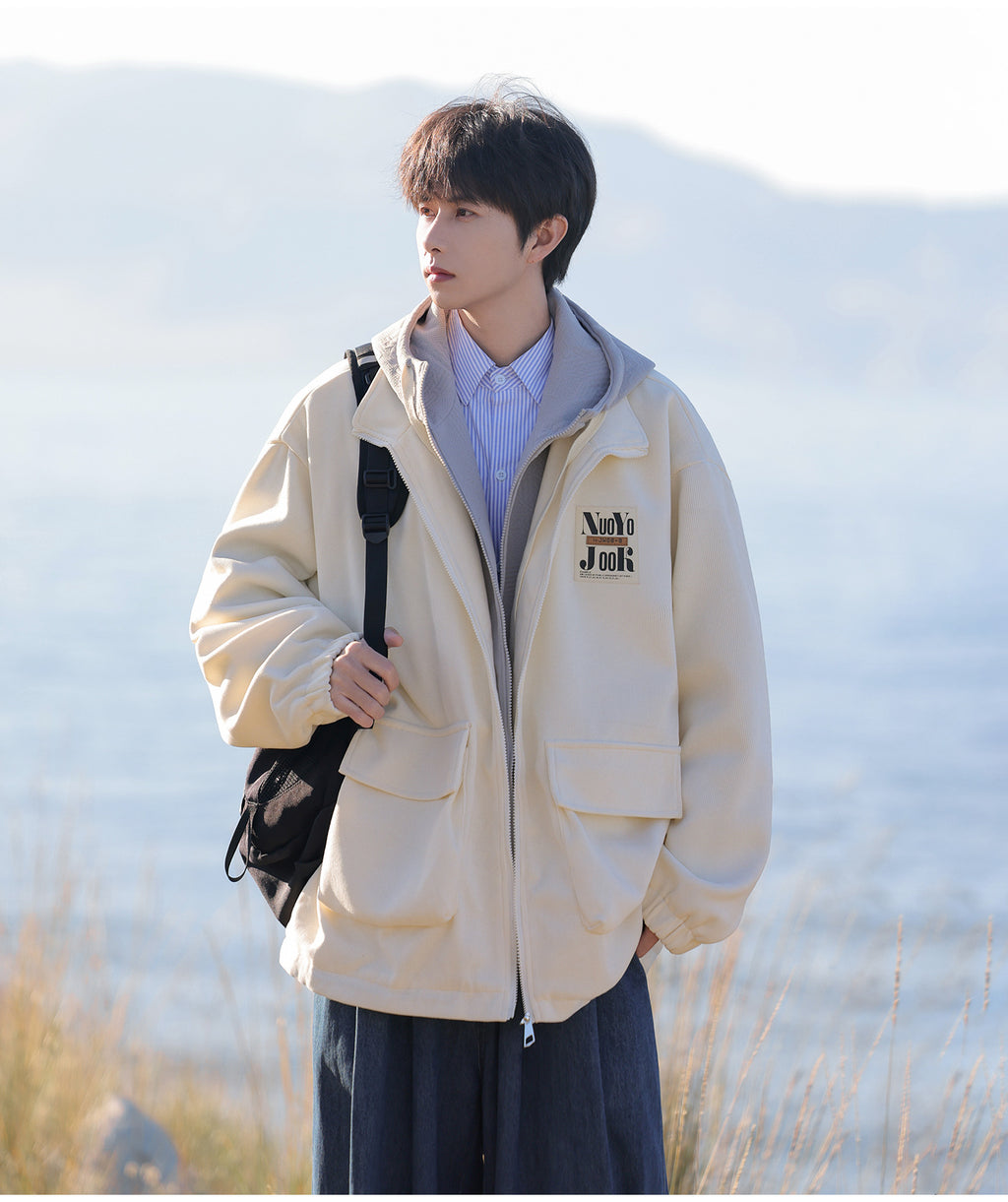 2025 Autumn New Large Size Men's Jackets Fashion Loose Hooded Fake Two-Piece Jackets Trendy Label Tops for Men