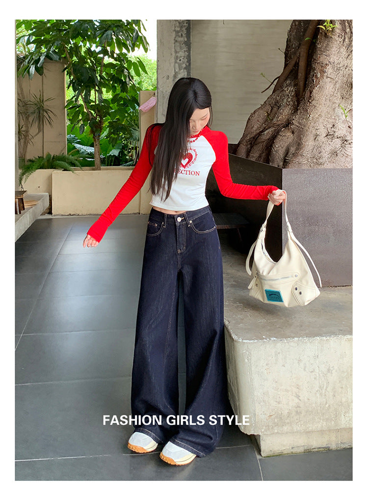 Dark Blue American High-Waisted Wide-Leg Jeans for Women in Autumn and Winter New Style Loose and Slim Straight-Leg Versatile Jeans