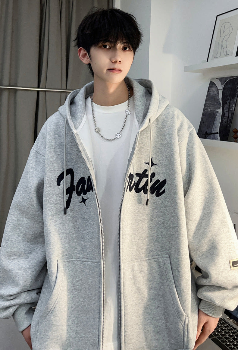 Plus Size Spring and Autumn New Heavy Hooded Cardigan Sweatshirt with Letter Embroidery, Oversized Casual Men's Jacket