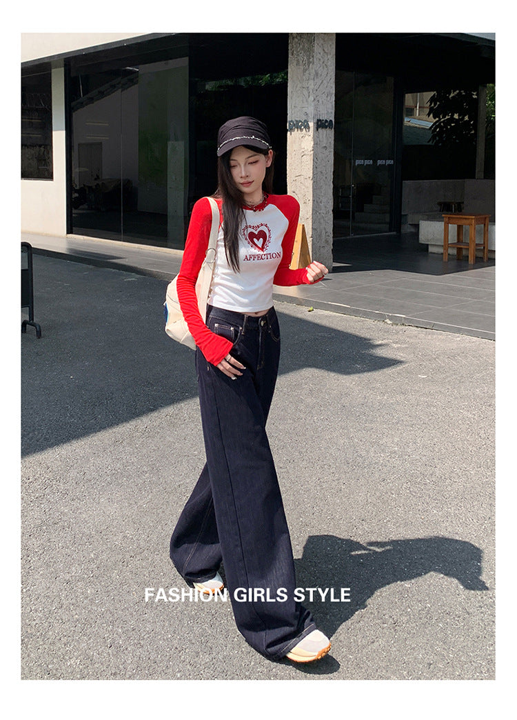 Dark Blue American High-Waisted Wide-Leg Jeans for Women in Autumn and Winter New Style Loose and Slim Straight-Leg Versatile Jeans