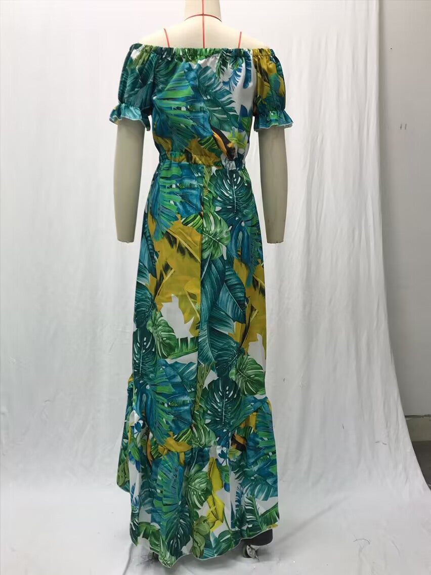 2025 Cross-Border New Spring and Summer European and American Women's Dress Printed One-Shoulder Slimming Look Elegant Commuter Long Skirt
