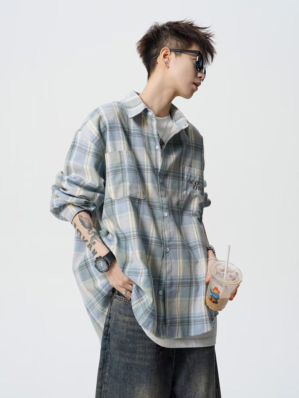 Spring and Autum Cotton Large Size Men's Long-Sleeved Plaid Shirt Men's Trendy American Retro Loose Casual Shirt Jacket