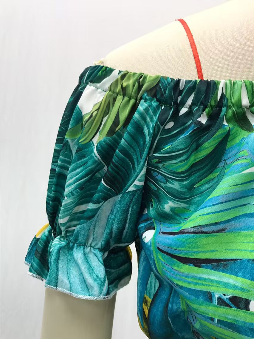 2025 Cross-Border New Spring and Summer European and American Women's Dress Printed One-Shoulder Slimming Look Elegant Commuter Long Skirt