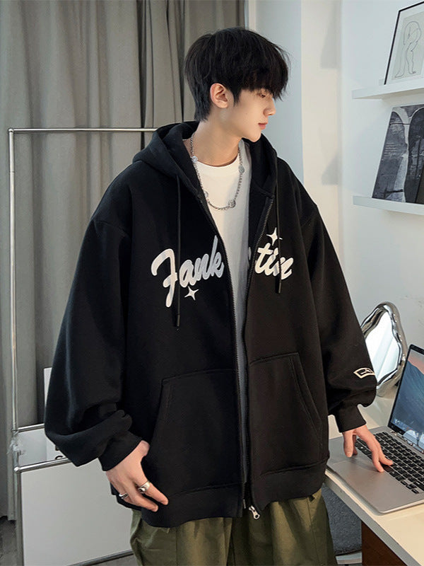 Plus Size Spring and Autumn New Heavy Hooded Cardigan Sweatshirt with Letter Embroidery, Oversized Casual Men's Jacket