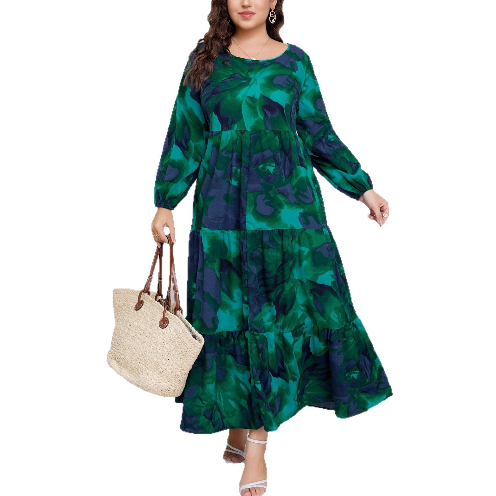 In-Stock Plus-Size European and American Style French Autumn and Winter New Design Fashion V-Neck Printed Pleated Long-Sleeve Long Dress