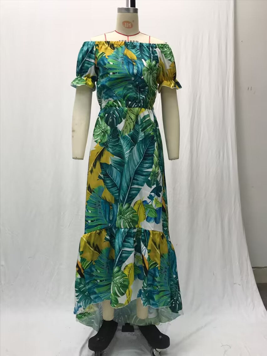 2025 Cross-Border New Spring and Summer European and American Women's Dress Printed One-Shoulder Slimming Look Elegant Commuter Long Skirt