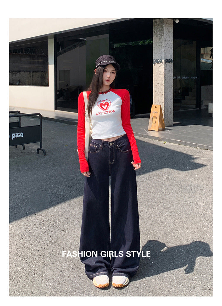 Dark Blue American High-Waisted Wide-Leg Jeans for Women in Autumn and Winter New Style Loose and Slim Straight-Leg Versatile Jeans
