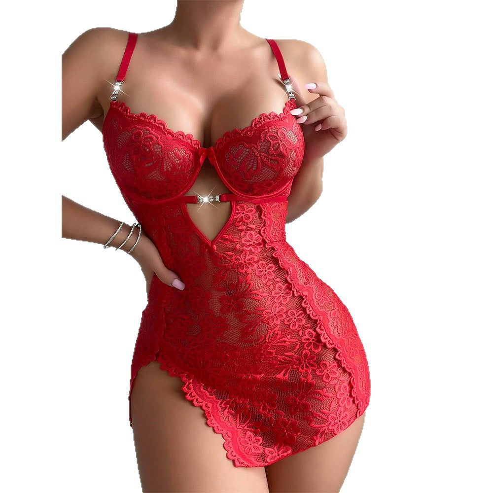 Cross-Border Foreign Trade Hot-Selling Sexy Lingerie Set Embroidered Lace See-Through Nightgown Thong Two-Piece Set for Women