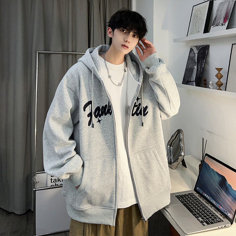 Plus Size Spring and Autumn New Heavy Hooded Cardigan Sweatshirt with Letter Embroidery, Oversized Casual Men's Jacket