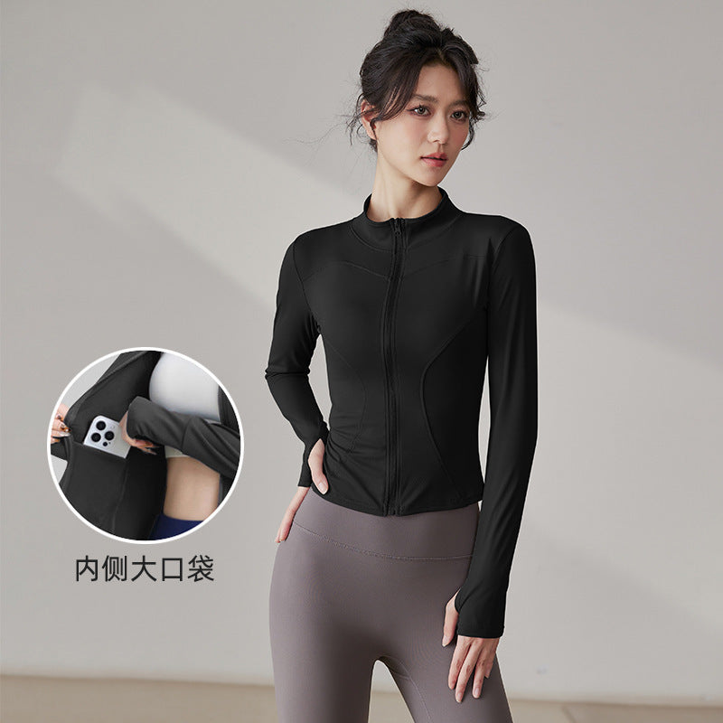 Yoga Tops Women's Slim Fit Fitness Top Zipper Cardigan Training Running Tops Sports Top with Pocket