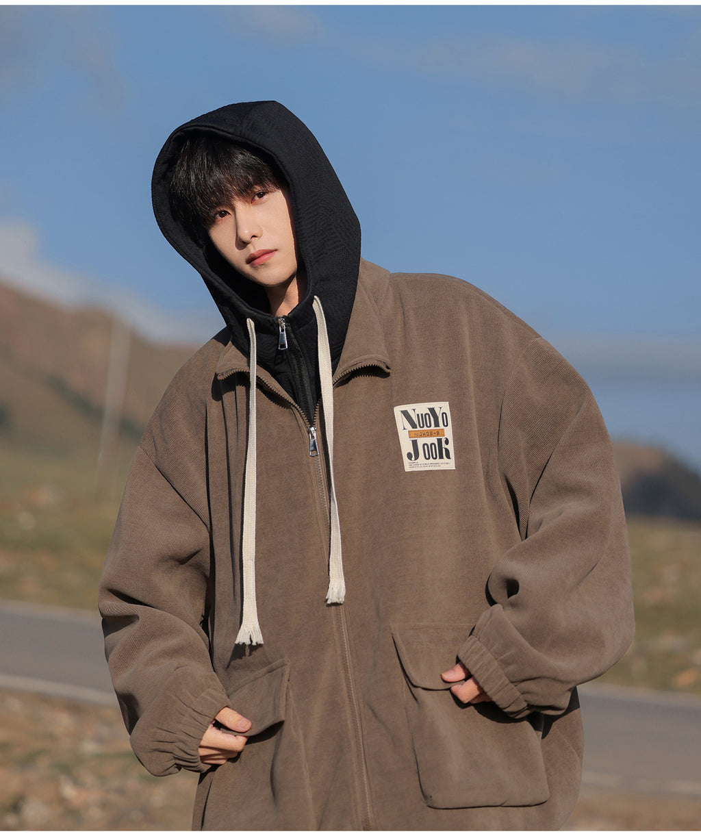 2025 Autumn New Large Size Men's Jackets Fashion Loose Hooded Fake Two-Piece Jackets Trendy Label Tops for Men