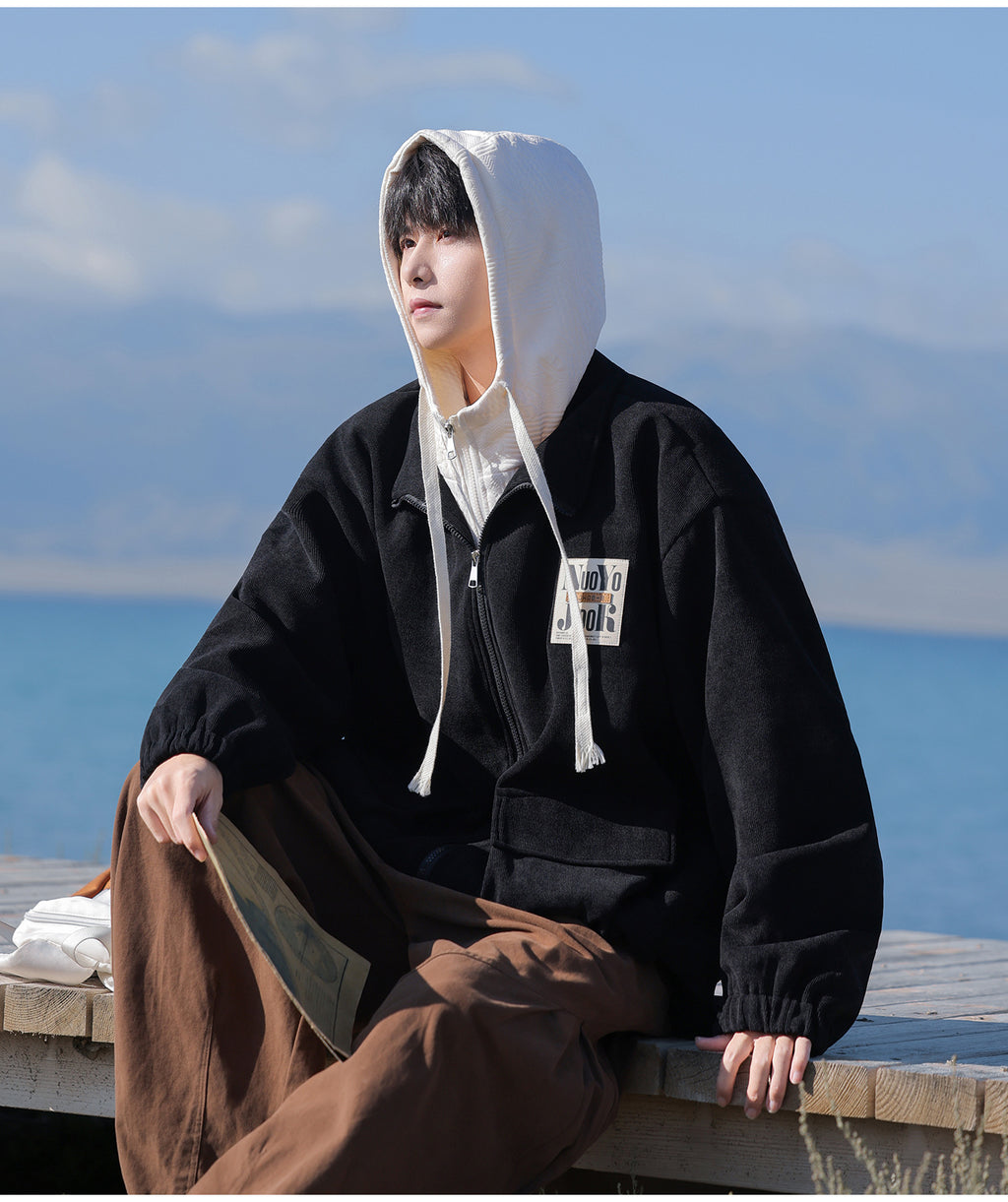 2025 Autumn New Large Size Men's Jackets Fashion Loose Hooded Fake Two-Piece Jackets Trendy Label Tops for Men