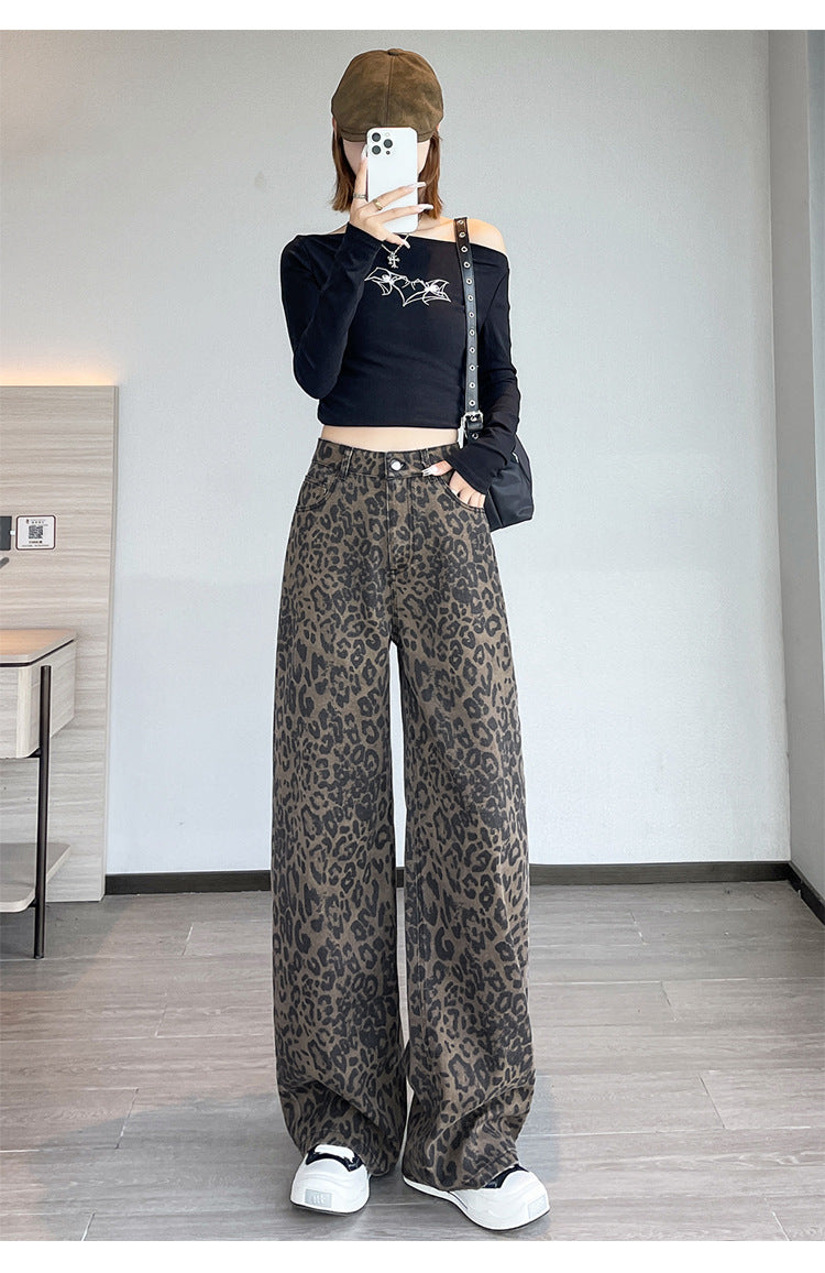 American-Style Leopard Print Work Jeans for Women, Spring and Autumn 2025 New High-Waisted Slimming Straight Narrow Casual Wide-Leg Pants