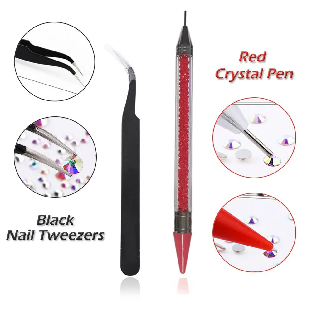 12 Grids Multi Sizes Clear Crystal AB Nail Rhinestones Set DIY Nail Art Decoration Diamonds with Tools Nails Accessories