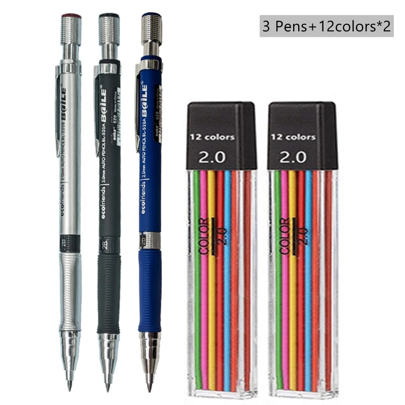 2.0mm Mechanical Pencil With Black/Color Lead Refill Automatic Pencil Art Drawing Painting Sketching School & Office Stationery