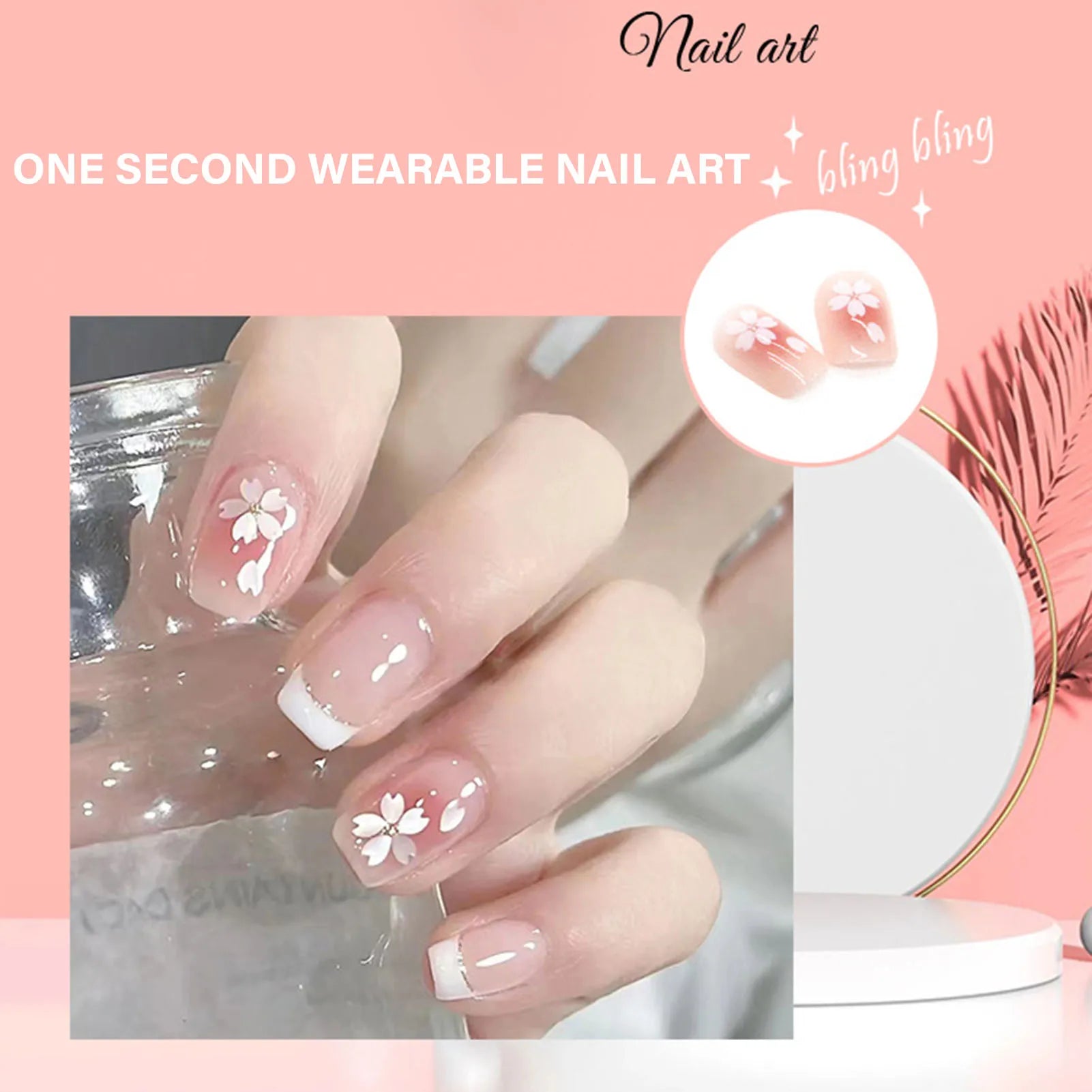 24pcs Blush Pink Press On Nails White French Style Short Square False Nail Tips Camellia Flower Design Sweet Cool Fake Nail Tips