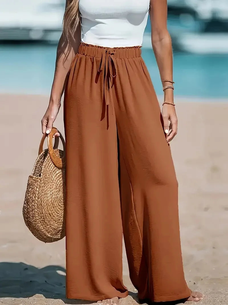 Vacation Style Cotton Linen Wide Leg Pants Women's High Waist Elasto Drawstring Design Loose Dipping Sense Straight Casual Beach