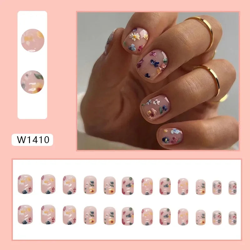 New Short Ballet 24 Pcs Fake Nail with Jelly sticker Press on False Nails Wearable Round Head Oval Full Cover Nail Tips