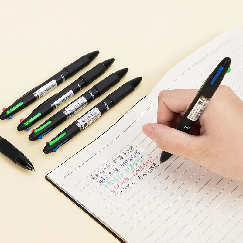 DELI 4 In 1 Ballpoint Pen 0.7 mm Color Ball Pens Blue Black Red Green Writing Pen School Office Stationery