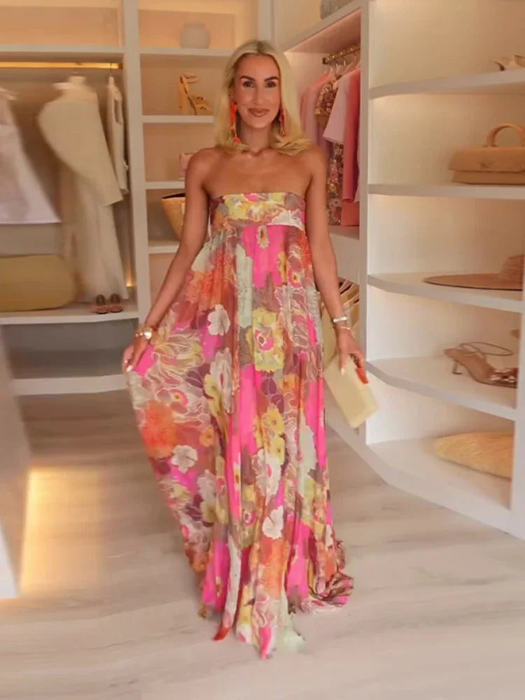 Printed Pleated Vacation Summer Long Dress Women Patchwork Sleeveless Backless Sexy Party Loose Zipper Robe Street Floor Dresses