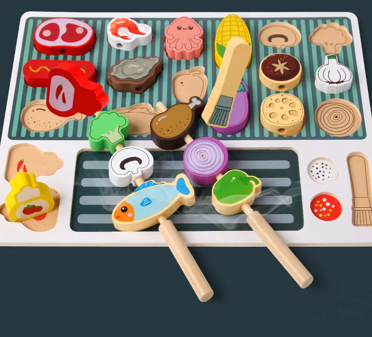 Simulation Kitchen Pretend Toy Wooden Toddler DIY BBQ Toy Set Classic Game Montessori Educational Toy For Children Kids Gift