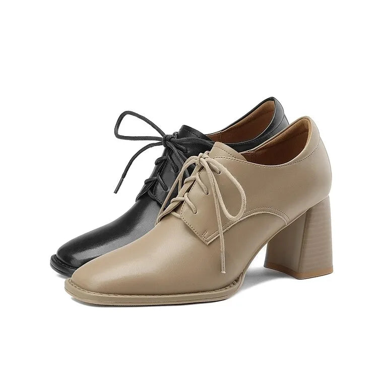 NEW Spring/Autumn Women Loafers Square Toe High heels Split Leather Chunky Heel Pumps Women Plus Size Retro Lace Up Black Shoes