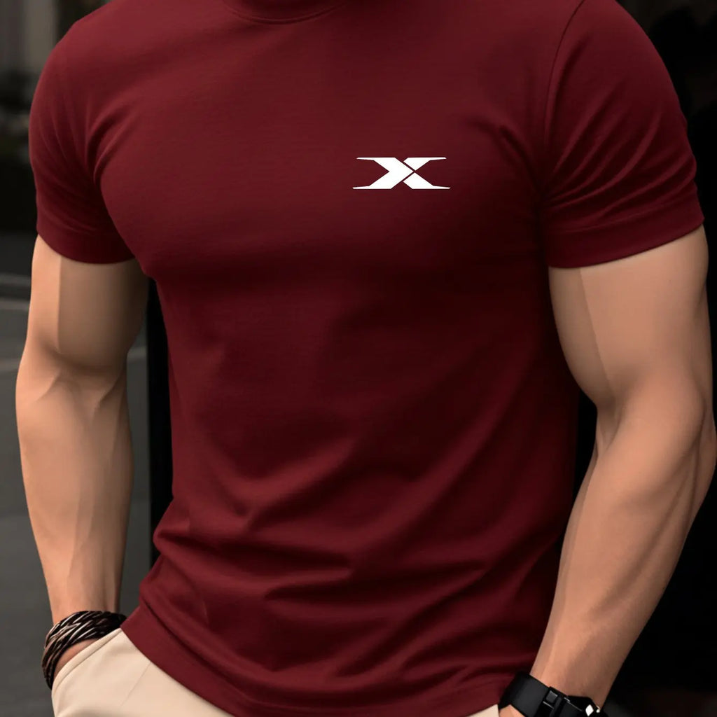 Men White T-Shirt Minimalist X Logo Print, Casual O-Neck Short Sleeve Tees, Streetwear Slim Fit Cotton Tops For Men Daily Summer
