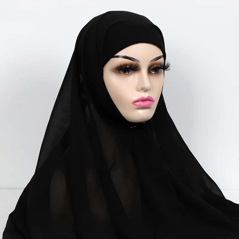 Muslim Women Chiffon Hijab With Cap Bonnet Instant Chiffon Hijab Pinles Shawl Head Scarf Under scarf Caps Cover Headwrap
