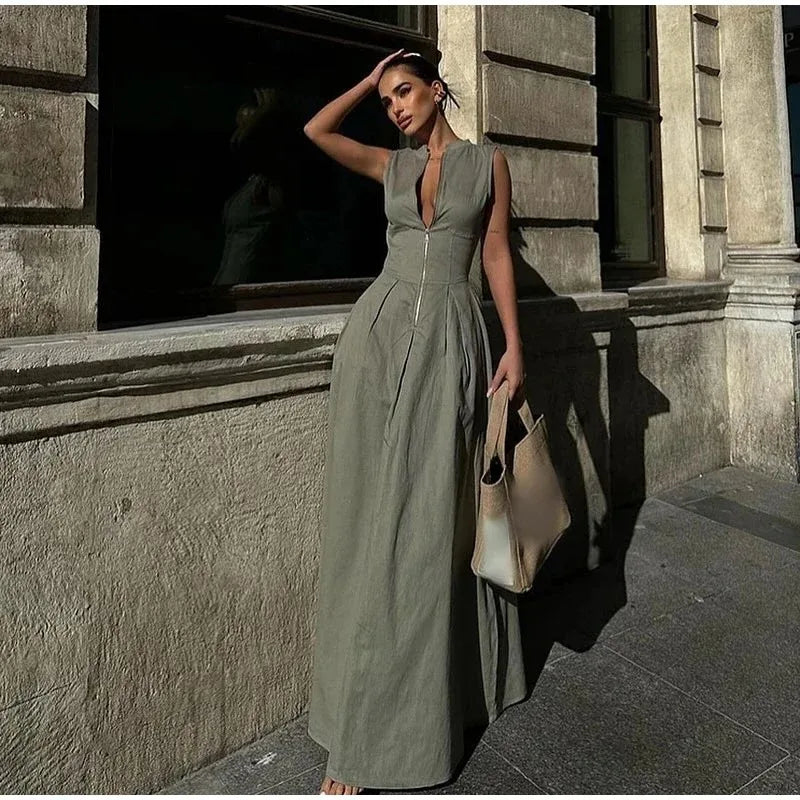 Fashion Sleeveless Spliced Zipper Long Dress Elegant V-neck High Waist Slim Pleated Maxi Dresses Summer Office Lady Street Robes