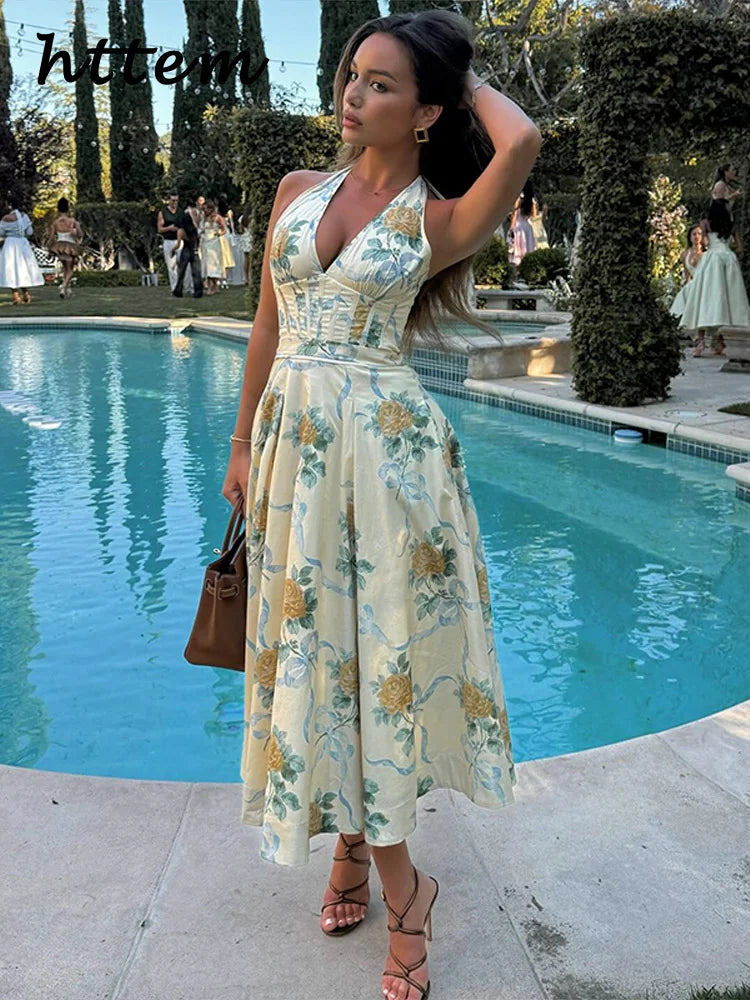 Elegant Print Halter Long Dress Women Sleeveless Backless Pleated A-line Holiday Dresses 2025 Summer Lady Slim Floral Beach Robe