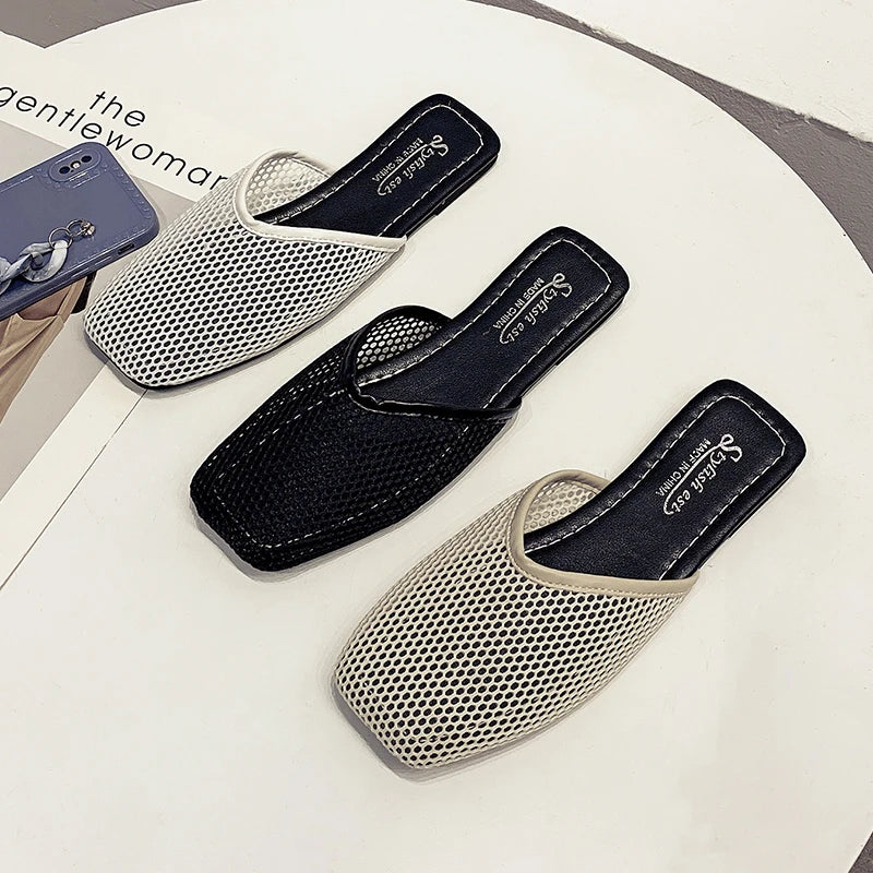 Summer Women Slippers Sexy Mesh Mules Indoor Home Slides Square Toe Female Flats Shoes Outdoor Clogs Beach Sandals Flip Flops 43