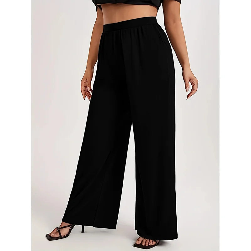  2025 Trendy Classy Wide Leg Pants Women Solid Black Regular Waist Comfortable Slimming Office Daily Wear 