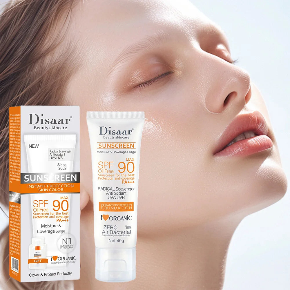 SPF90 PA+++ Oil Free Sunscreen Foundation 40g, Antioxidant UVA/UVB Protection, Organic Moisture Coverage Surge for Face