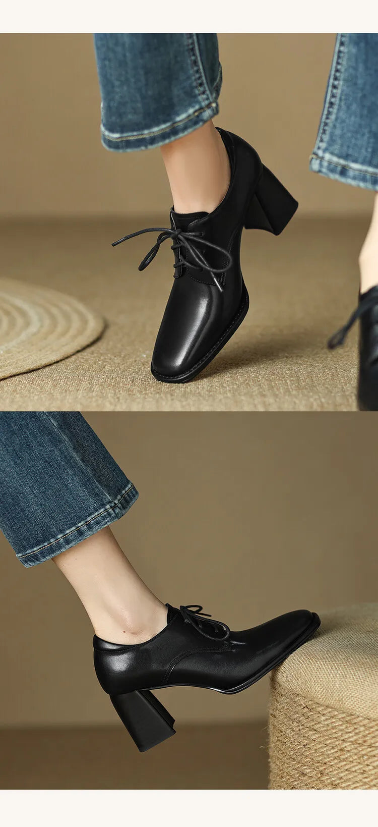 NEW Spring/Autumn Women Loafers Square Toe High heels Split Leather Chunky Heel Pumps Women Plus Size Retro Lace Up Black Shoes