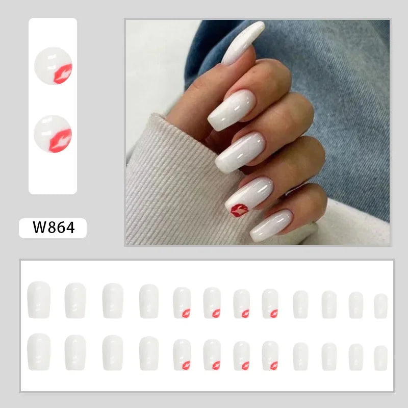 New Short Ballet 24 Pcs Fake Nail with Jelly sticker Press on False Nails Wearable Round Head Oval Full Cover Nail Tips