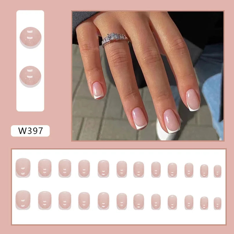 New Short Ballet 24 Pcs Fake Nail with Jelly sticker Press on False Nails Wearable Round Head Oval Full Cover Nail Tips