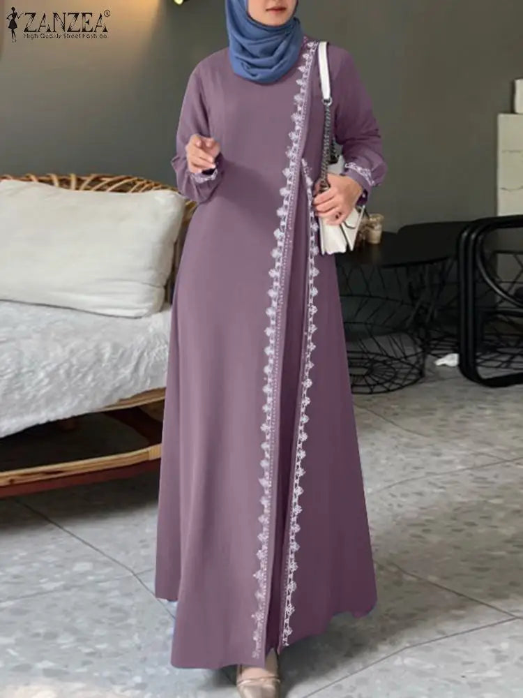 ZANZEA Autumn Women Long Sleeve O Neck Muslim Maxi Dress Kaftan Elegant Lace Crochet Loose Turkey Abaya Vestidos Islamic Dresses