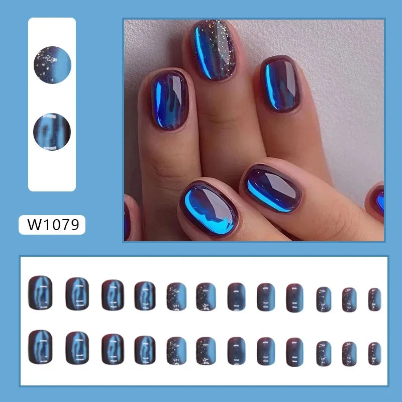 New Short Ballet 24 Pcs Fake Nail with Jelly sticker Press on False Nails Wearable Round Head Oval Full Cover Nail Tips